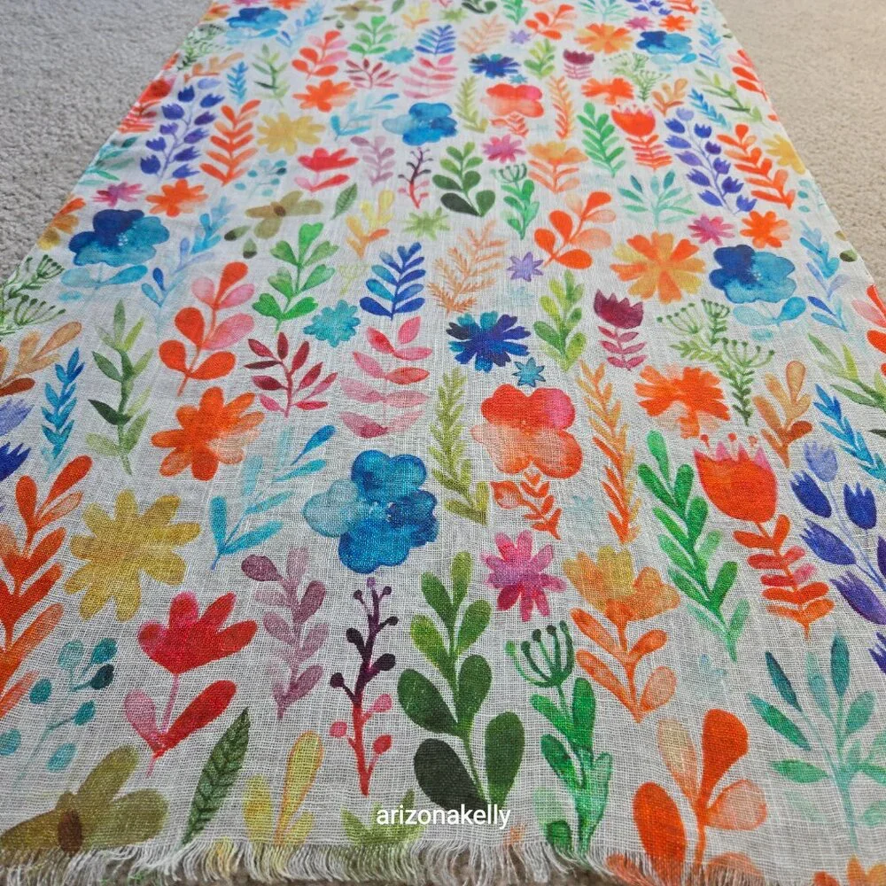 NWOT Linen Scarf Watercolor Flowers Colorful Art - Picture 5 of 10